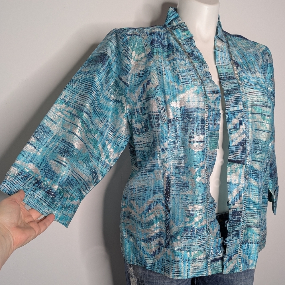 Chicos Blue White Beaded Neckline Open Cover Up Linen Blend Cardigan XL - Picture 4 of 8